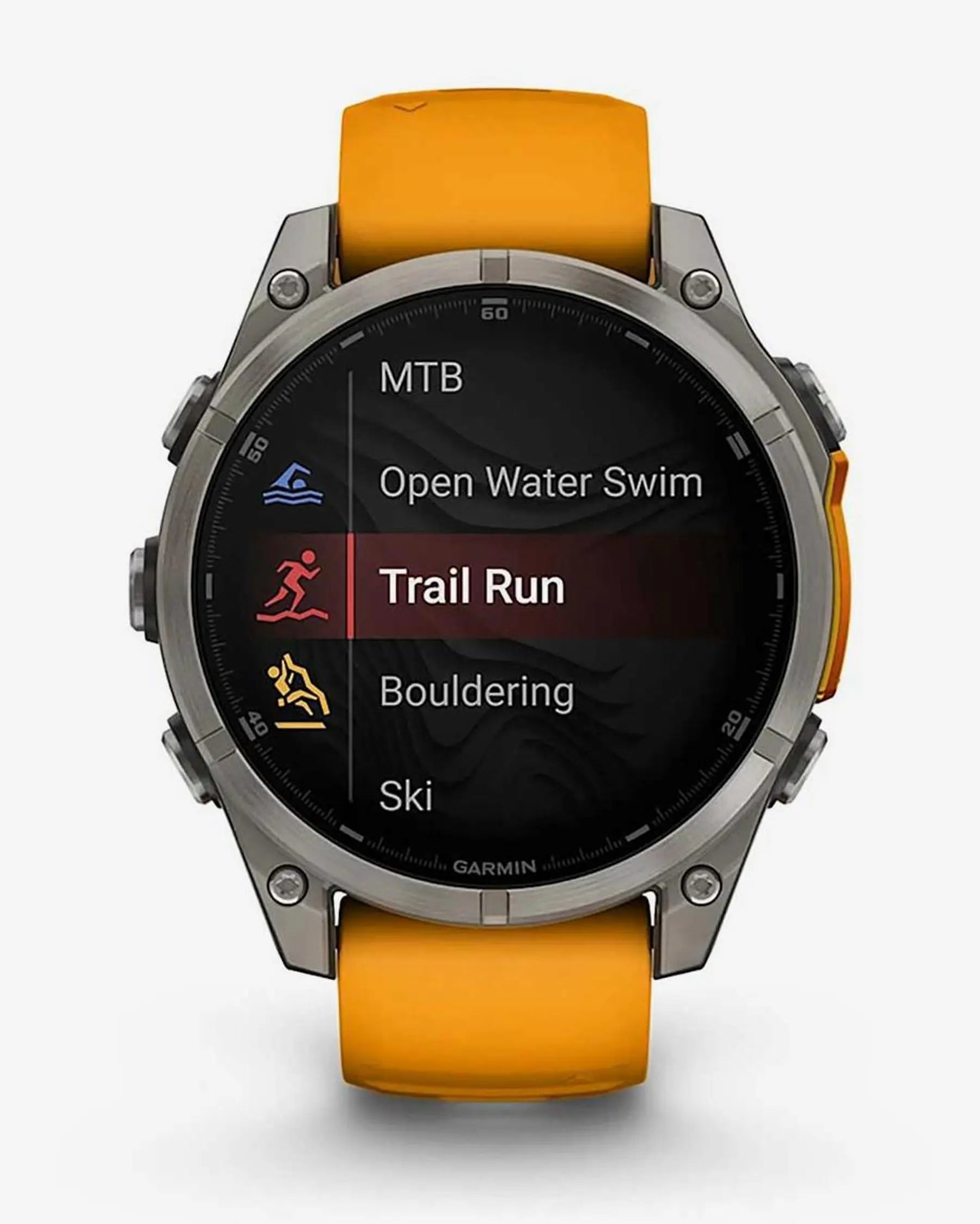Garmin Fenix 8 AMOLED Zafiro 47 mm Titanio plateado correa naranja